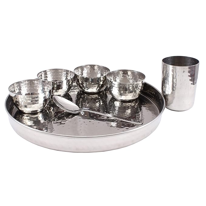 Indian Art Villa Stainless Steel Dinner Set/Thali Set of 1 Plate 4 Bowls 1 Glass & 1 Spoon (7 Pieces) - 550 gms