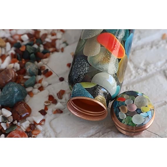 Indian Art Villa Pure Copper Printed Water Bottle With Soapstone Marble Design