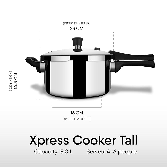 Stahl Xpress Cooker Triply Pressure Cooker Tall, Induction Cooker, Outer Lid Pressure Cooker 5 L | Induction & Gas Stove Compatible