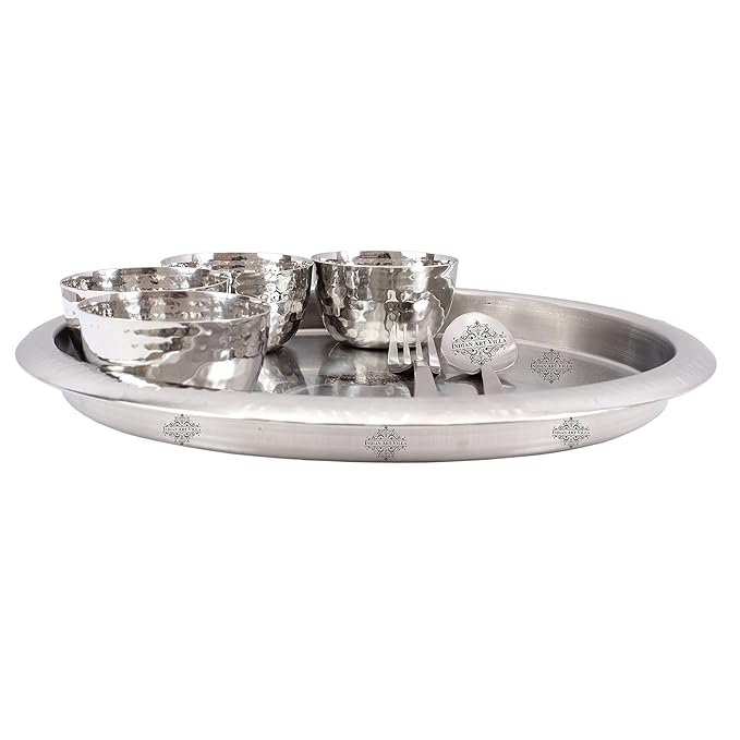 Indianartvilla Stainless Steel Thali Dinner Set Gift Item 7 Pieces - 1128 gms