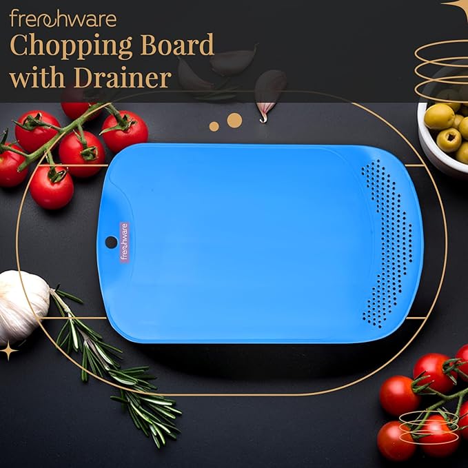 Frenchware Plastic Cutting-chopping Board With Drainer 1 Unit, Premium-grade Plastic | Blue Colour