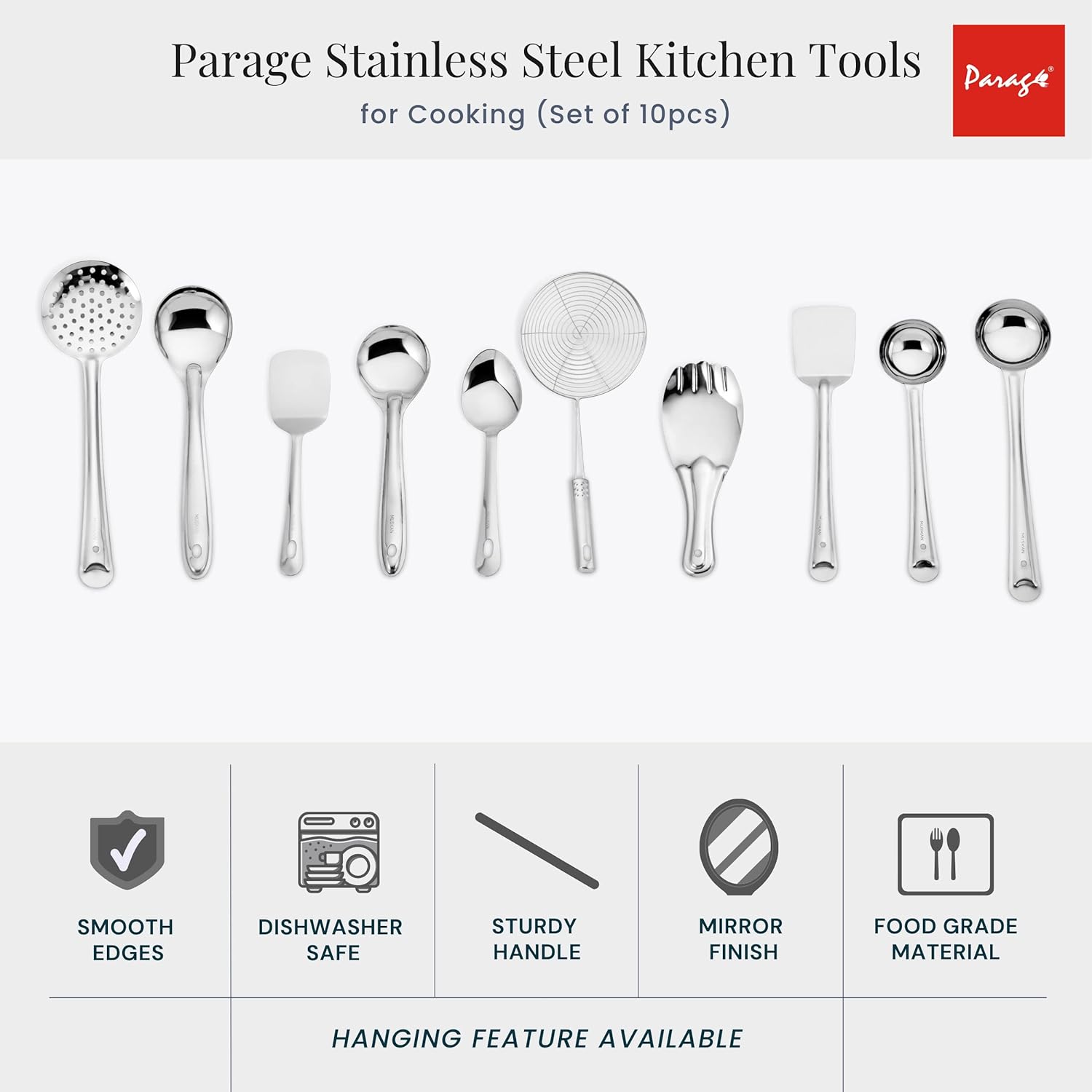 Parage Stainless Steel 10 Pieces Cooking Spoons Set | Kitchen Cooking Essential Set for Home