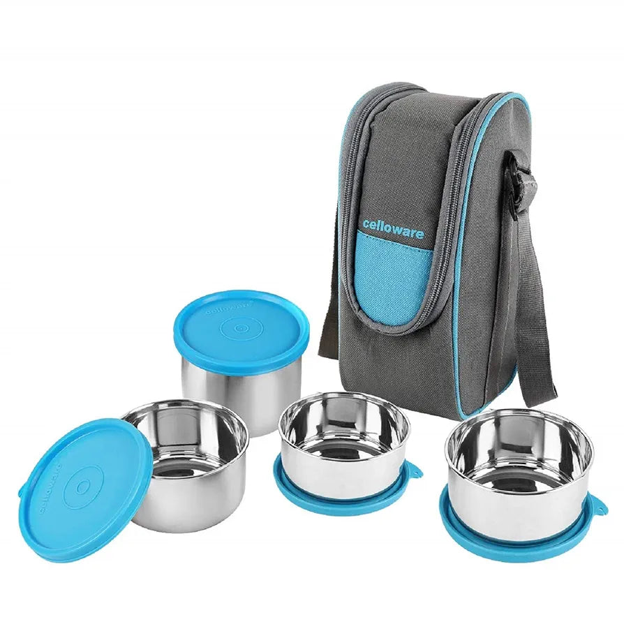 CELLO Steelox Stainless Steel Lunch Box Set of 4 with Bag , Blue | Tiffin Box with Jacket | Leakproof | Easy to Carry | Ideal for Office, School, College