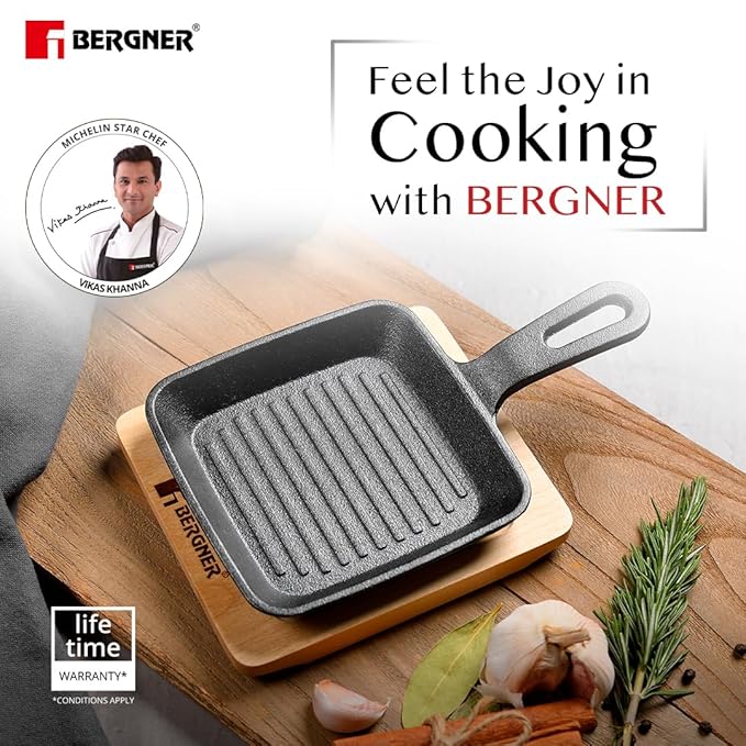 Bergner Cook & Share 13cm Griddle Pan | Mini Grill Pan | Pre-seasoned Cast Iron