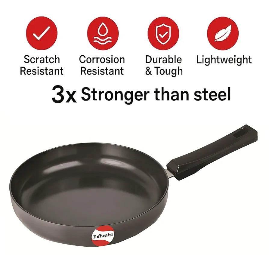 Tuffwaire Hard Anodised Deep Fry Pan with Stainless Steel Lid, Hard Anodised Non Stick Coating, Metal Spoon Friendly, Bakelite, Handle, 21 cm, 12 Months Warranty