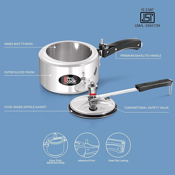 Milton Pro Cook Aluminium Non Induction Pressure Cooker With Inner Lid 2 litre - 1350 gms