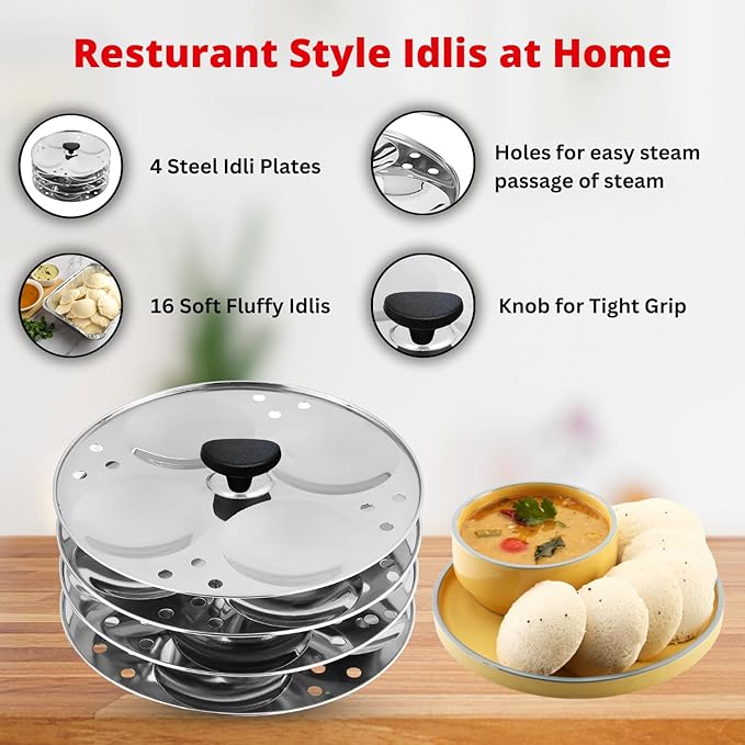 Vinod Premium Stainless Steel 4 Idli Plates - 16 Idlis/Idli Stand for 5 Litre and bigger Pressure Cooker