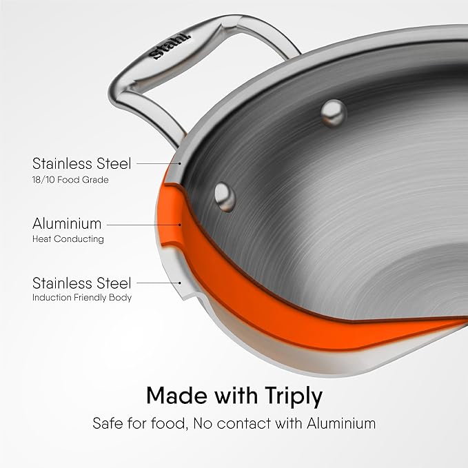 Stahl Artisan Triply Stainless Steel Kadhai With Lid, Kadai for Cooking | Induction & Gas Stove Compatible | 2.4 L | 24 Cm