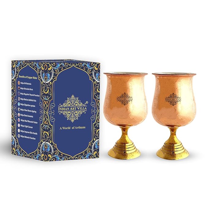 Indian Art Villa Steel Copper Goblet Glass With Brass Bottom Volume |300 ml (Pack of 2)