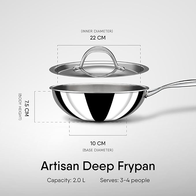 Stahl Triply Stainless Steel Wok With Lid | Tri Ply Deep Steel Kadai | Deep Fry Pan With Induction Base | Artisan 4722 | Dia 22cm | 2 L