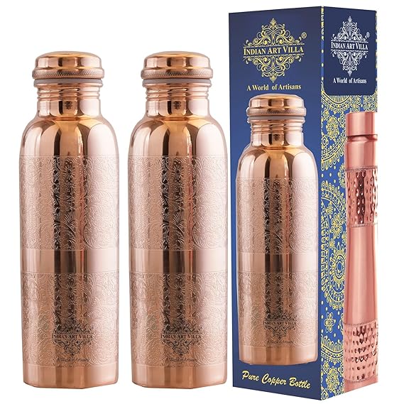 Indian Art Villa Pure Copper Water Bottle with Floral Vines Embossed Design (Pack of 2)