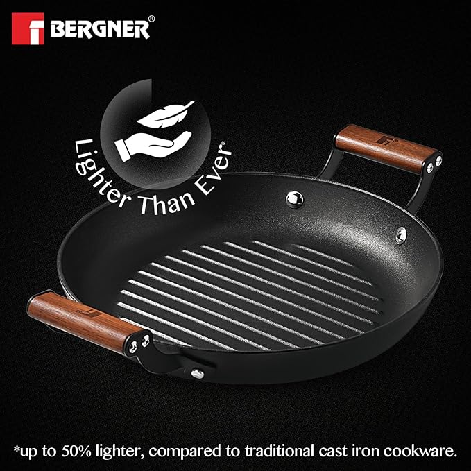 Bergner Odin 28 Cm Cast Iron Grill Plate, Round Grilled Plate With Wooden Coated Handle