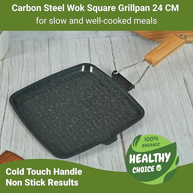 Femora Carbon Steel Non-stick Square Grillpan With Folding Wooden Handle | 3 Layer Non-stick Coating Pan | Black | 24 Cm