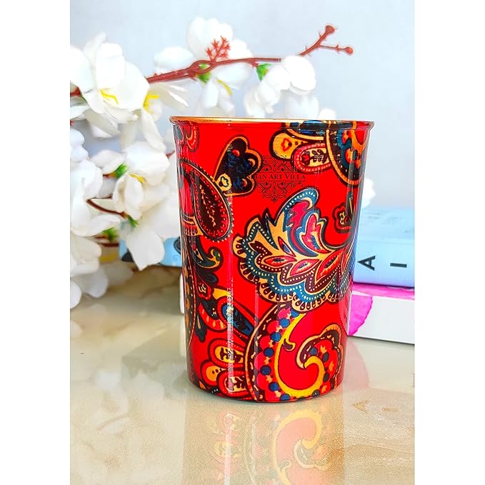 Indian Art Villa Pure Copper Printed Glass With Red Paisley Print Design (Pack of 4)