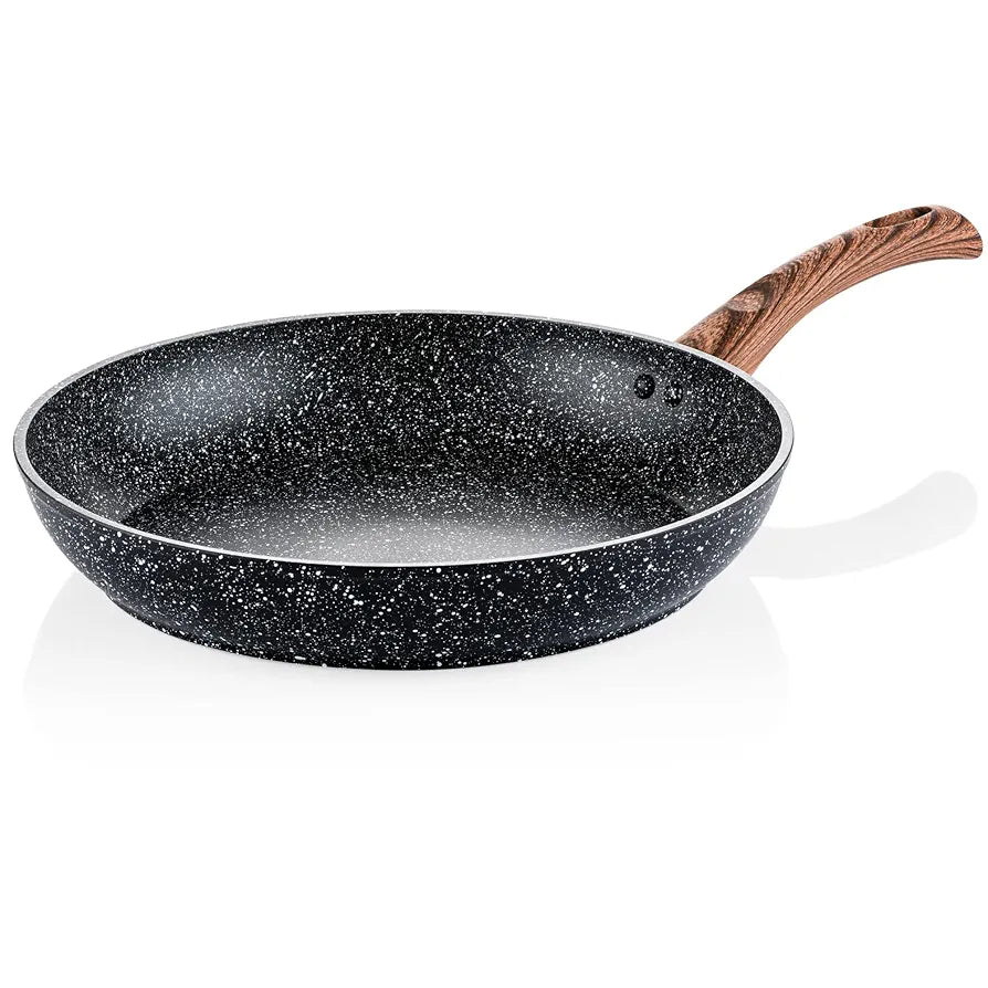 Westinghouse Black Marble Non-Stick Frying Pan | 3-Layer Marble Coated Forged Aluminum | Induction Compatible | Wooden Look Handle | Dishwasher Safe | for Cooktops 