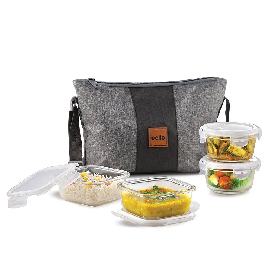 CELLO Glassy Square Lunch Box Set of 4 , Clear | Leak-Proof Toughened Microwavable Glass | Perfect Lunch Box Set for Office, School & College