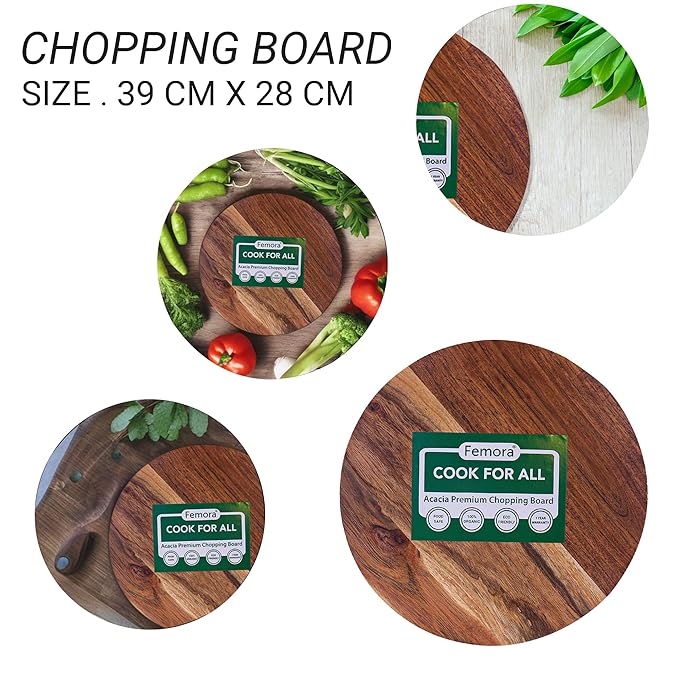 Femora Vegetable Acacia Wood Chopping Board Anti Bacterial Seasoned With Organic Mineral Oil Round Shape | 30 X 20 Cm