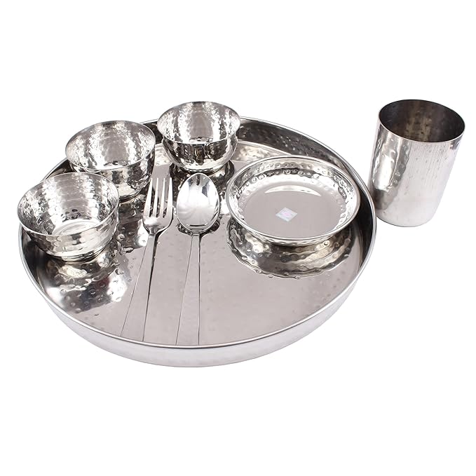 Indian Art Villa Pure Steel Hammered 8 Piece Thali Set Includes Thali Bowls - 580 gms