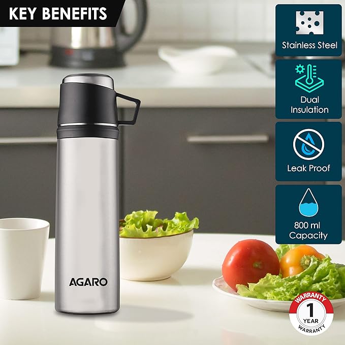 Agaro Supreme Stainless Steel Vacuum Flask 800ML , Dual Insulation with Copper Coating