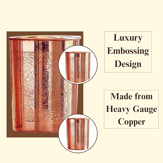 Indian Art Villa Pure Copper Plain Glass With Embossed Design Each - 70 gms