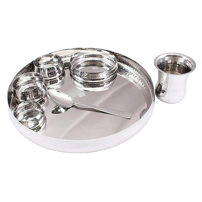 Indian Art Villa Stainless Steel Curved Dinner Set/Thali Set of 1 Plate 1 Small Plate, 2 Bowl, 1 Small Bowl, 1 Glass & 1 Spoon (7 Pieces)