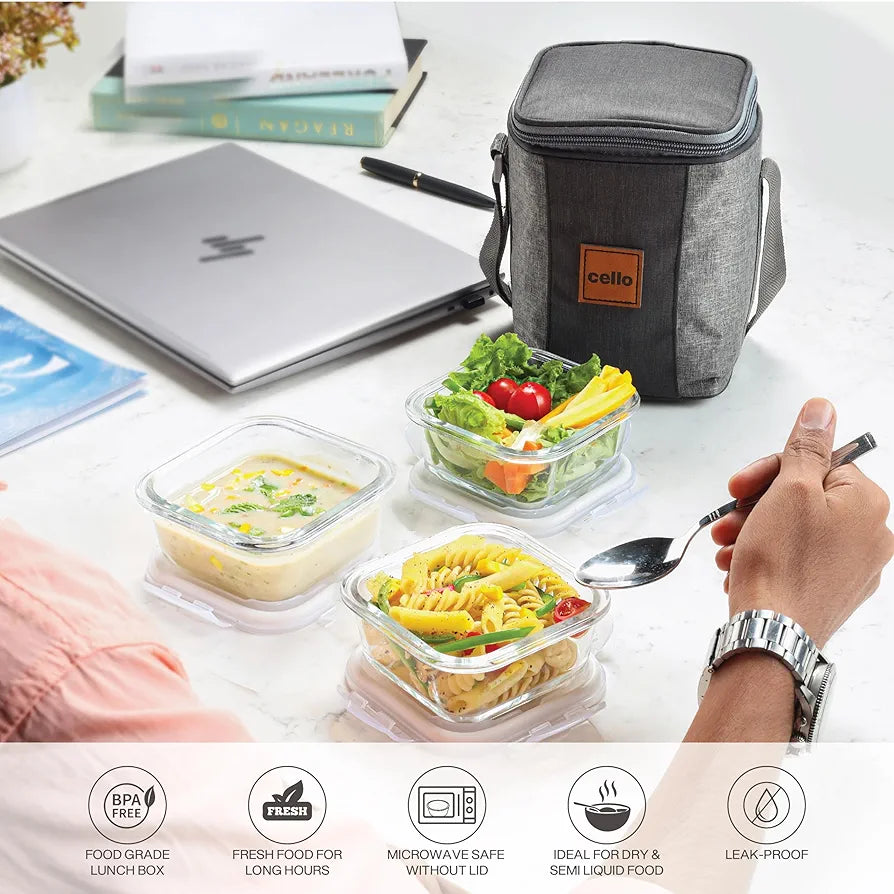 CELLO Glassy Square Lunch Box Set of 3, , Clear | Microwavable Toughened Glass | Leak Proof Design | Tiffin for Office/School/College