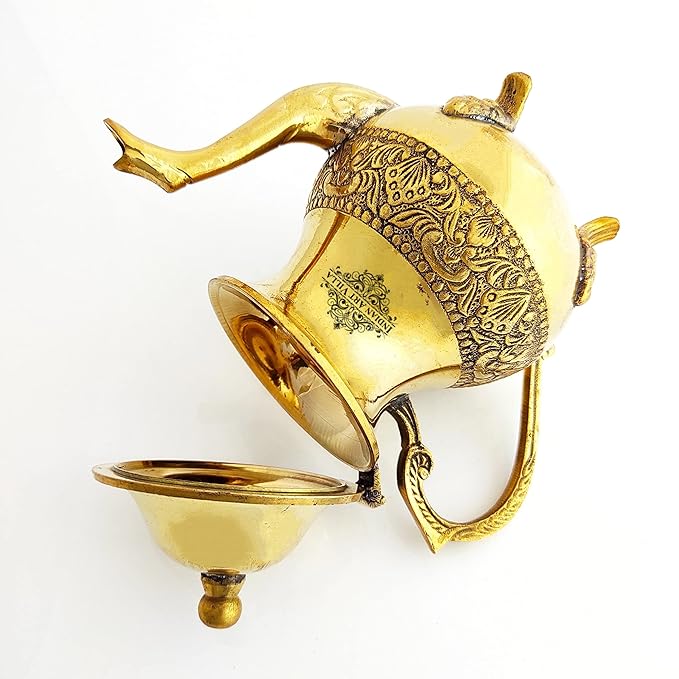 Indian Art Villa Golden Brass Embossed Mughlai Design Tea Pot - 800 gms