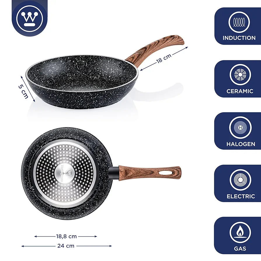 Westinghouse Black Marble Series Frying Pan 24 cm with Marble Coating 3-Layer Forged Aluminium, Induction Friendly, Wood Effect Silicone Handle, Dishwasher Safe, Black