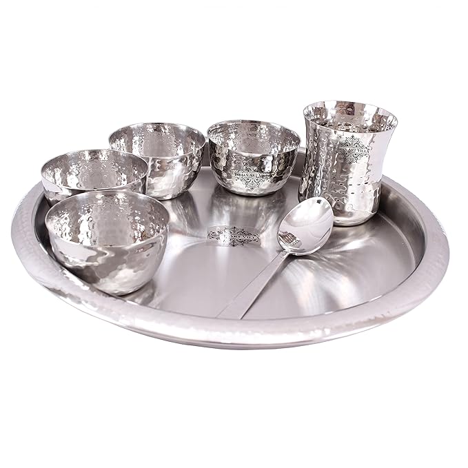 Indian Art Villa Stainless Steel Dinner Set/Thali Set of 1 Plate, 4 Bowls, 1 Glass & 1 Spoon (7 Pieces) - 1100 gms