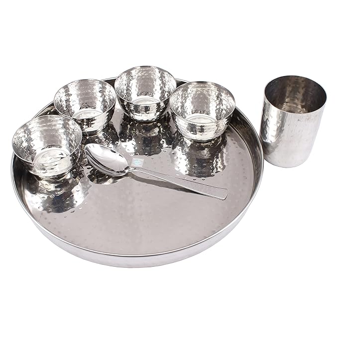 Indian Art Villa Stainless Steel Dinner Set/Thali Set of 1 Plate 4 Bowls 1 Glass & 1 Spoon (7 Pieces) - 550 gms