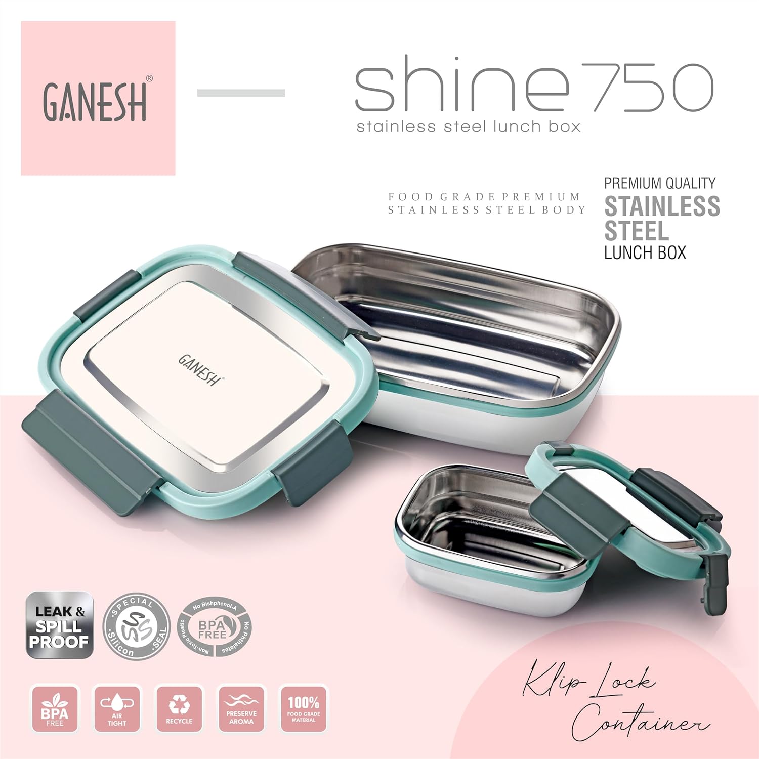 Ganesh Shine Stainless Steel Airtight Leak-Proof Lunch Box for Office SchoolPicnic - Color May Vary - 750 ml