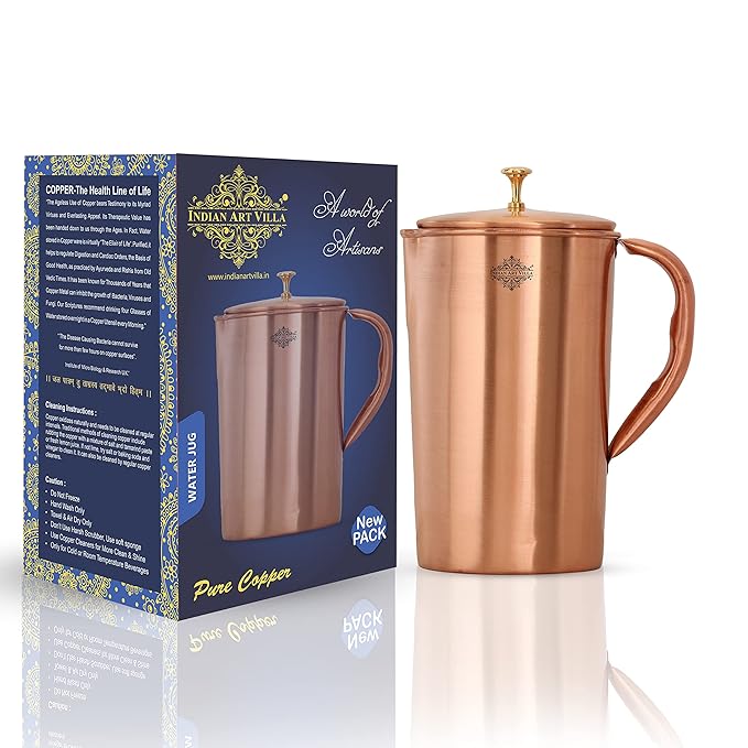 Indian Art Villa Plain Lacqure Coated Copper Jug Pitcher with Brass Knob - 380 gms