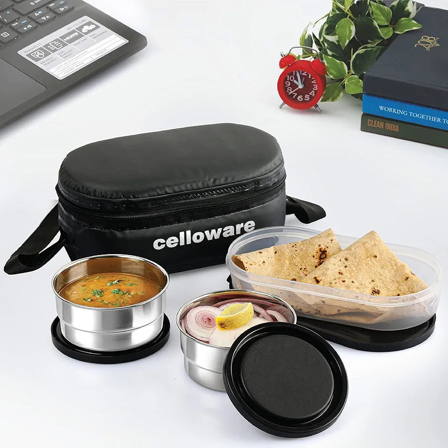 CELLO Double Treat Lunch Box with Fabric Jacket, Black | 2 Round Steel Containers & 1 Plastic Snack Box | Airtight, Leak-Proof & Odour-Free | Easy to Carry Tiffin for Office, School, College, Travel