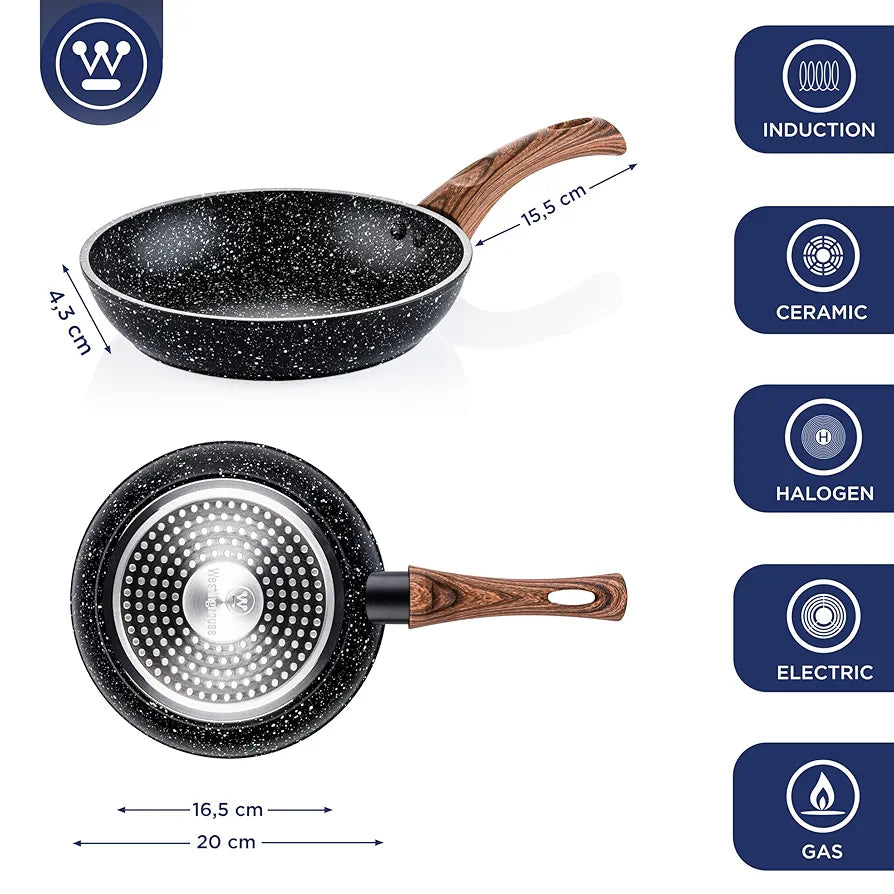 Westinghouse Black Marble Non-Stick Frying Pan | 3-Layer Marble Coated Forged Aluminum | Induction Compatible | Wooden Look Handle | Dishwasher Safe | for Cooktops 