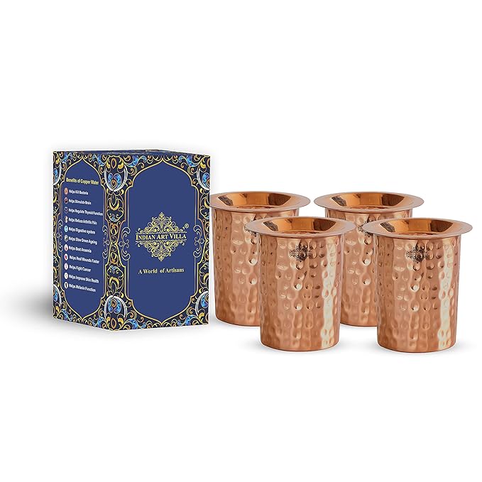 Indian Art Villa Set Of 4 Pure Copper Small Hammered Glass With Lid (Pack of 4)