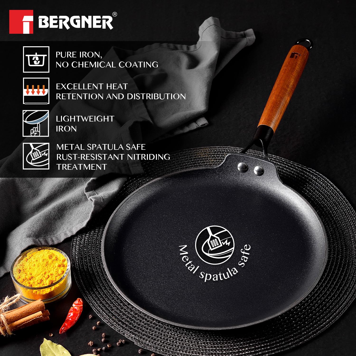 Bergner Odin 28 Cm Cast Iron Dosa Tawa With Wooden Coated Handle