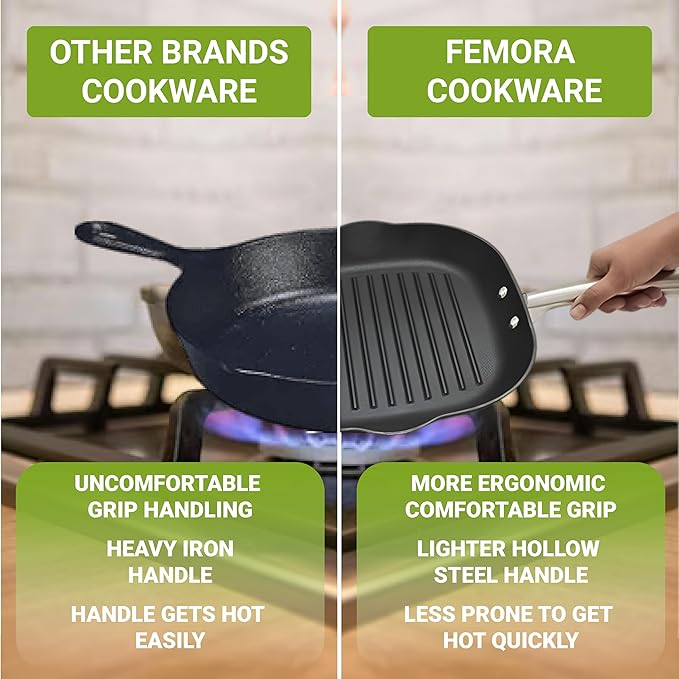 Femora Cast Iron Square 28cm Grill Pan | Non Toxic and Coating Free | Pack of 1 Piece