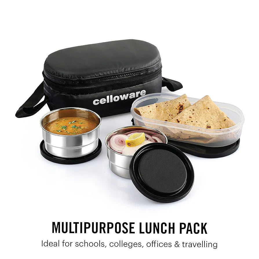 CELLO Double Treat Lunch Box with Fabric Jacket, Black | 2 Round Steel Containers & 1 Plastic Snack Box | Airtight, Leak-Proof & Odour-Free | Easy to Carry Tiffin for Office, School, College, Travel