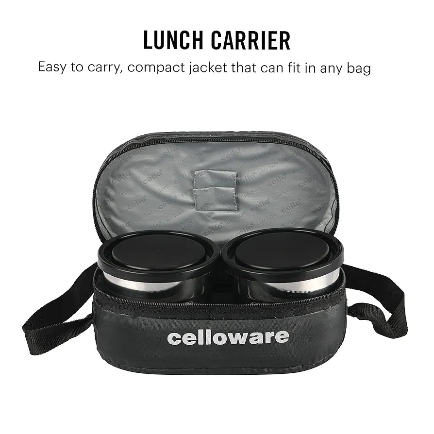 CELLO Double Treat Lunch Box with Fabric Jacket, Black | 2 Round Steel Containers & 1 Plastic Snack Box | Airtight, Leak-Proof & Odour-Free | Easy to Carry Tiffin for Office, School, College, Travel