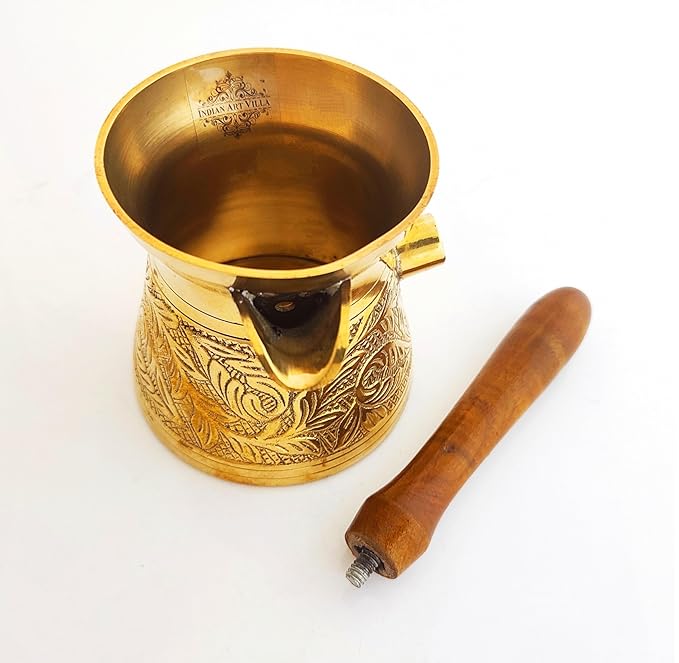 Indian Art Villa Brass Turkish Kettle Mug with Volume | 275 ml Wooden Handle Coffee Tea Mug - 345 gms