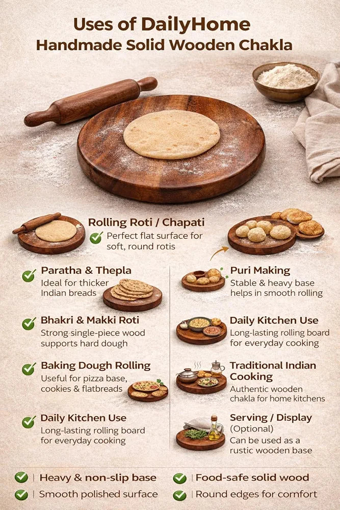 DailyHome Handmade Solid Wooden Chakla for Roti Single-Piece Strong Wo ...
