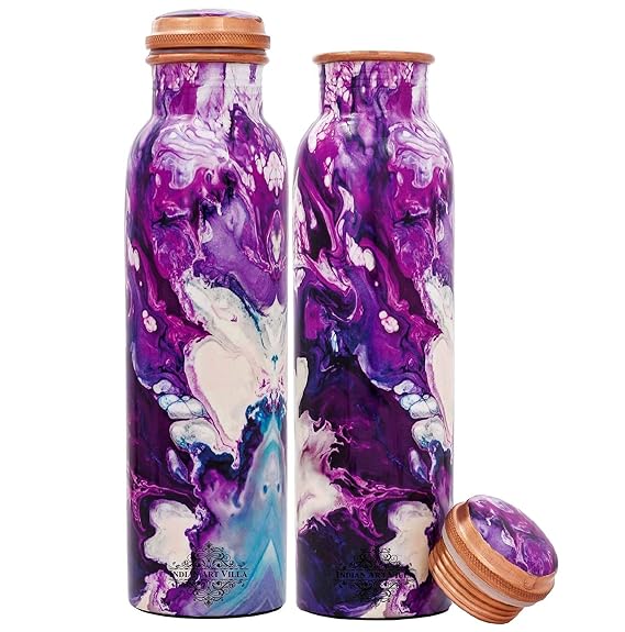 Indian Art Villa Pure Copper Printed Water Bottle With Purple Marble Design