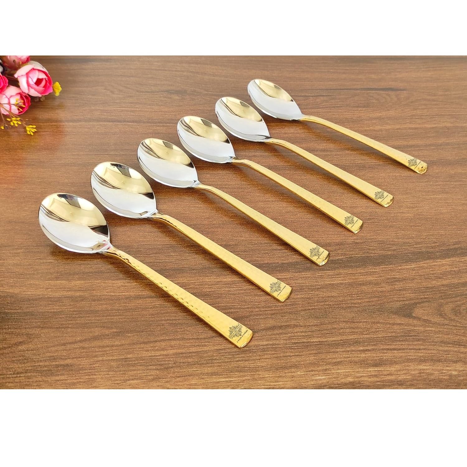 Indian Art Villa Steel Brass Dessert Spoon Hammered Design Elegant And Durable Cutlery Length | 7.5 inch