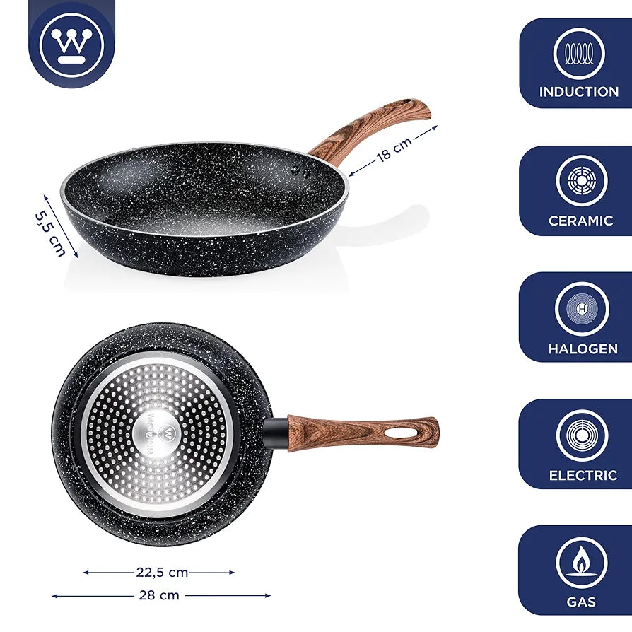 Westinghouse Black Marble Non-Stick Frying Pan | 3-Layer Marble Coated Forged Aluminum | Induction Compatible | Wooden Look Handle | Dishwasher Safe | for Cooktops 