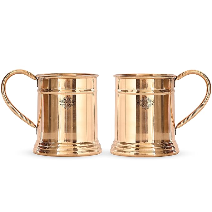 Indian Art Villa Pure Copper Tankard Shaped Mirror Line Design Moscow Mule Beer Mug Cup Volume | 600 ml (pack of 2)