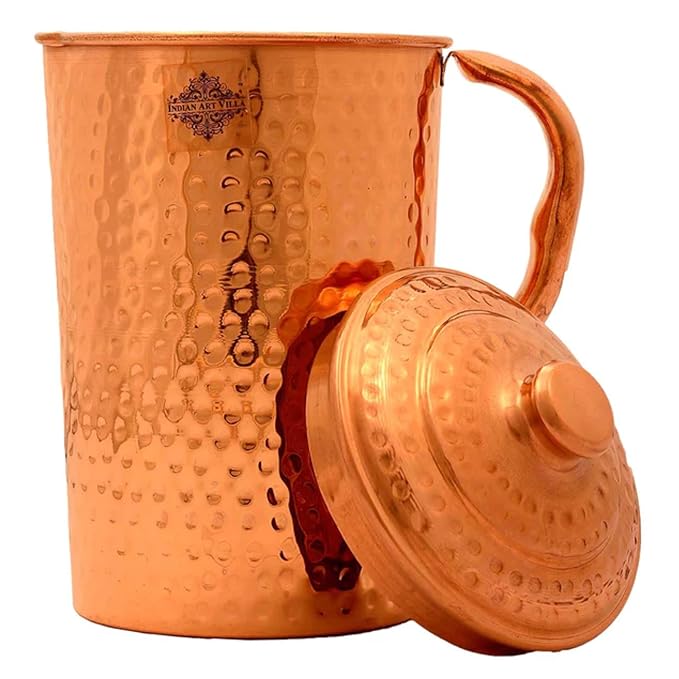 Indian Art Villa Pure Copper Hammered Design Jug Pitcher with Lid