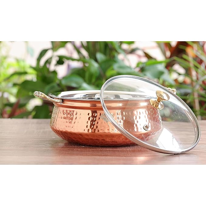 Indian Art Villa Steel Copper Hammered Design Handi casserole With Glass Lid