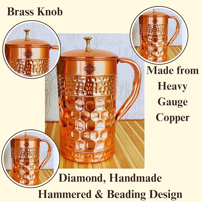 Indian Art Villa Pure Copper Jug Pitcher with Diamond Hammered Beeding Design Volume - 1500 ml