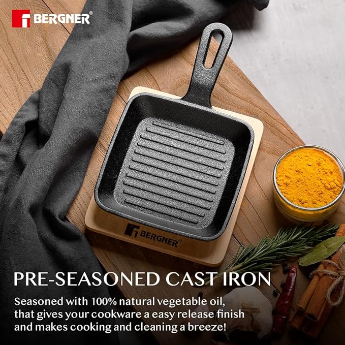 Bergner Cook & Share 13cm Griddle Pan | Mini Grill Pan | Pre-seasoned Cast Iron