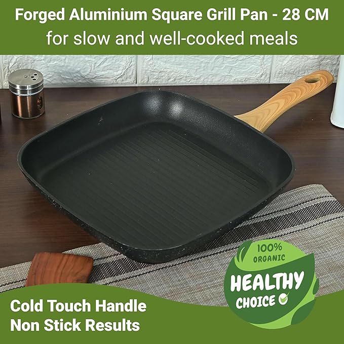 Femora Foged Die Cast Aluminium Non Stick 28 Cm Square Grillpan With Wood Finish Handle | Granite Finish | Induction & Gas Ready